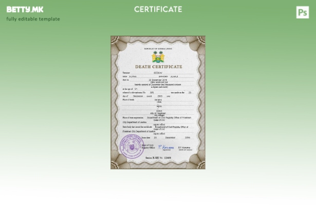 Модерен стил на Сиера Леоне, шаблон за PSD сертификат за смрт од витален рекорд